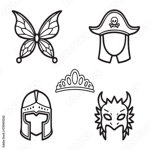 Collection of costume accessories isolated on white background for party use