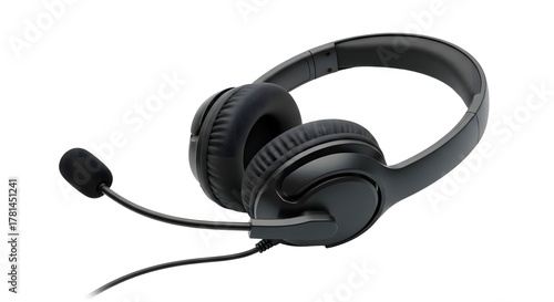 Black stereo headphones with microphone isolated on transparent background