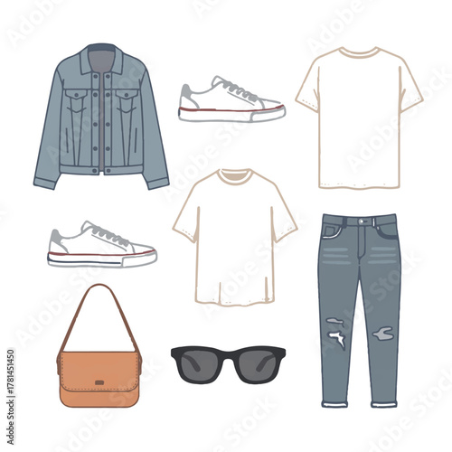 Outfit with denim jacket, tshirts, jeans, sneakers, bag, and sunglasses