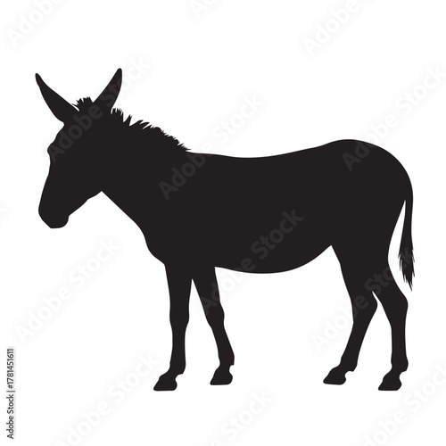Silhouette of a donkey standing isolated on white background