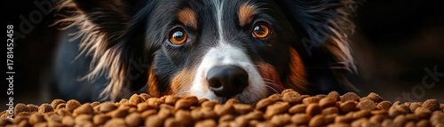Close-up of a dog lying with its nose resting on a pile of dry dog food with attentive and curious eyes
