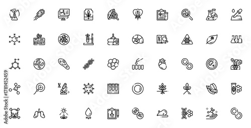 Biology icon set. Linear vector illustrations. Inclues symbols for bacteria, vrus, DNA, cells, microscop, research, science, molecle, and more. Editable strke.