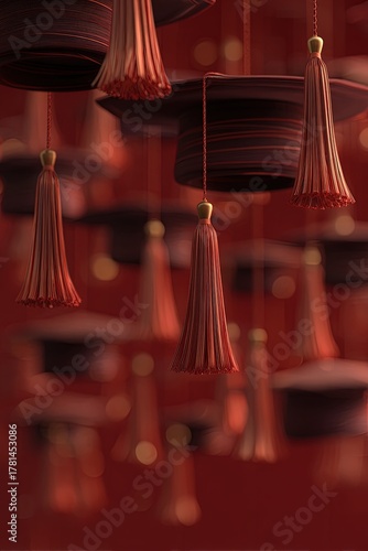 Hanging Graduation Caps And Tassels On Red Background