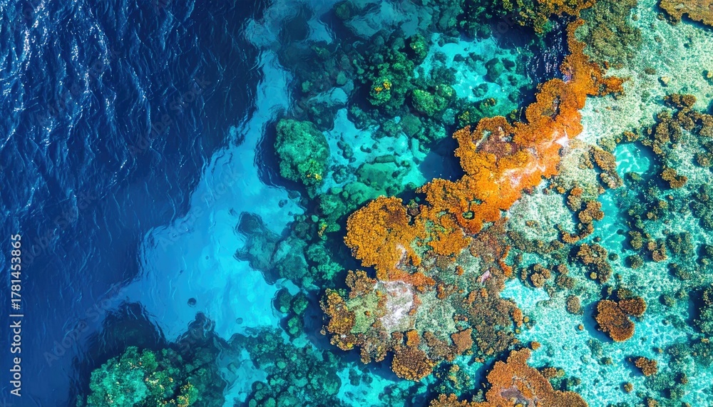 Fototapeta premium Vibrant Coral Reef Ecosystem Teal Blue Ocean Water Surface With Colorful Coral Formations And Aquatic Life Visible From Above During Daylight