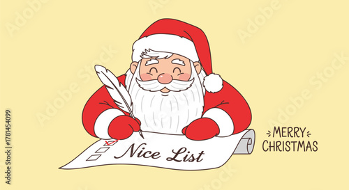 Smiling santa claus wearing a red suit and hat writing on a nice list with a quill pen festive holiday illustration