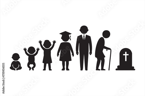 Human life cycle vector showing stages from birth to death in silhouette design