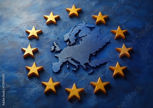 Twelve golden stars surrounding a raised textured map of Europe on a deep blue surface representing unity and cooperation