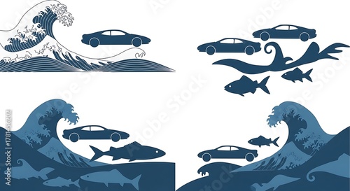 Fototapeta Naklejka Na Ścianę i Meble -  Ocean waves with cars and fish in a unique artistic style.