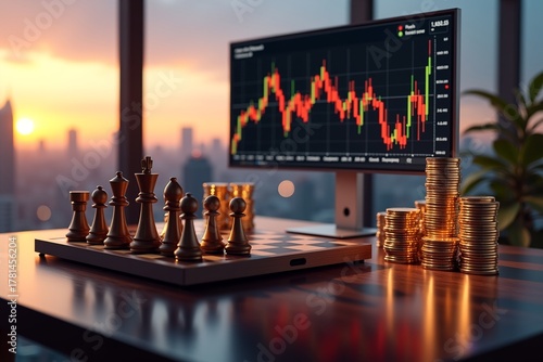 Chessboard with golden pieces and stacks of coins on a desk, beside a screen displaying financial charts  symbolizing strategic investment and market analysis against a city sunset backdrop.