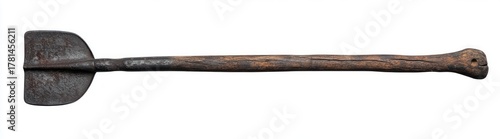 long old wooden handle with a large rusty metal shovel blade isolated on white background