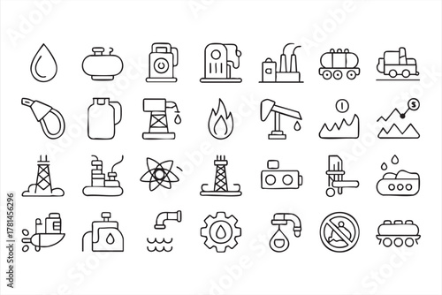 Power and refinery line icons for oil, gas, and environmental engineering visuals