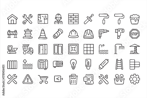 Minimalist building and renovation icons for construction and maintenance visuals