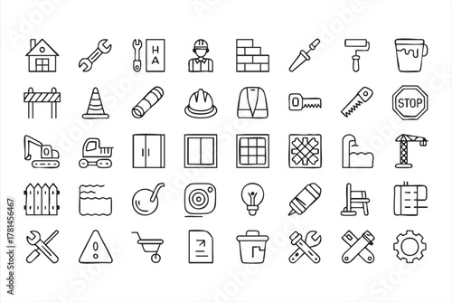 Engineering and architecture line icons for structure, repair, and design concepts