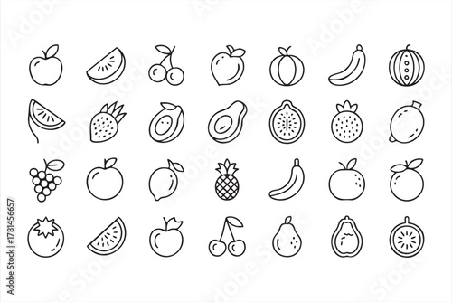 Minimalist fruit line art icons featuring banana, apple, orange, and tropical designs