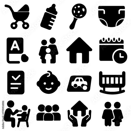 Childhood Icons: A charming collection of icons related to childhood, capturing the essence of nurturing, development, and the simple joys of growing up.