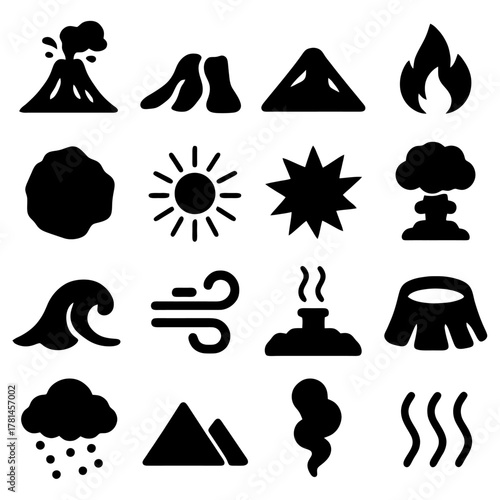 Elements of nature's power: Capturing the earth's raw force through minimalist and bold monochrome icons, offering a glimpse into the diverse forces that shape our planet.