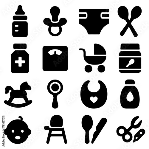 Essentials for Infant Care: A collection of essential items for nurturing a baby, each symbol representing crucial aspects of infancy.