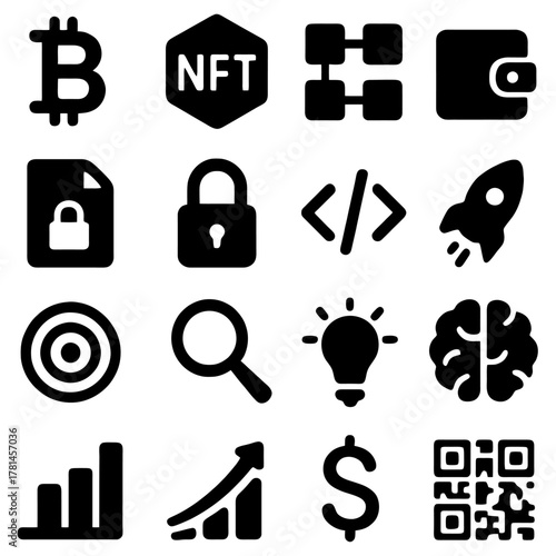 Digital Revolution Icons: A captivating set of intricately designed icons representing the dynamic world of digital innovation, encapsulating elements like Cryptocurrency, blockchain, NFTs, and more.