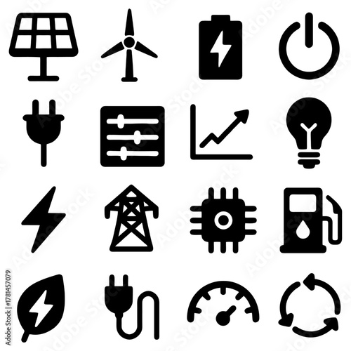 Energy Icon Set: This image is a concise graphic compilation, showcasing a variety of icons relating to renewable energy sources, technological components, and electrical elements. 