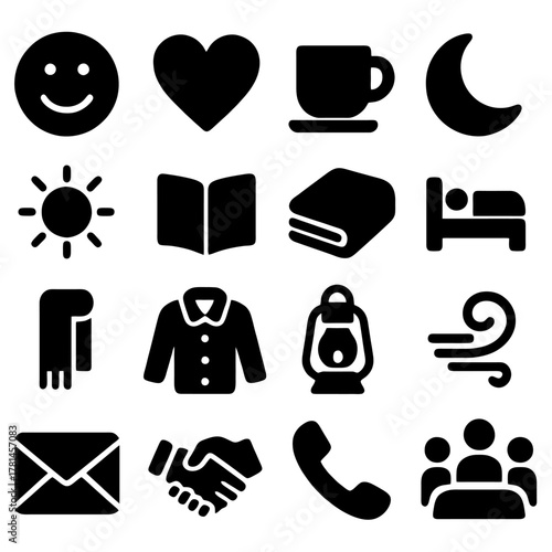 Cozy Comfort Icons: A collection of black and white icons representing various aspects of comfort, serenity, and daily routines, designed in a simple, elegant style.