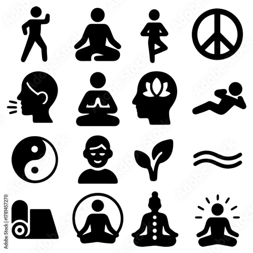 Yoga and Meditation Icons: A collection of various icons related to yoga and meditation, designed with simple black lines to represent different poses, symbols, and concepts.