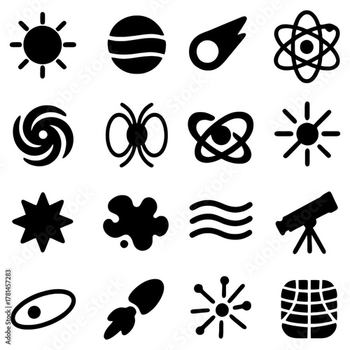 Cosmic Elements: An array of stylized black icons representing the diverse and intriguing elements of the cosmos, hinting at the vastness and mystery of the universe. 