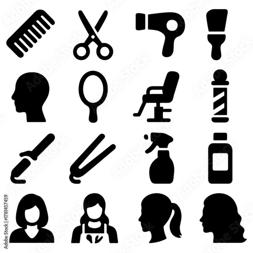 Beauty Essentials Collection: A detailed illustration showcasing the essential tools of the beauty trade, from scissors and combs to hairdryers and mirrors.