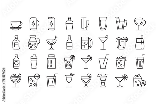 Beverage and drink line icon set for coffee, cocktail, and juice design projects