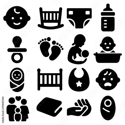 Icons of Infancy: A collection of simple, black and white icons representing essential elements of infancy, from nurturing care to developmental milestones.