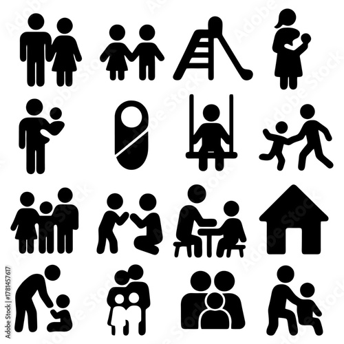 Family and play Icon set: A delightful collection of playful and family related icons, including playground, play, home and parental care. The icon evokes warmth, community and parental care. 