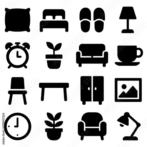 Home Furnishing Icons: A compilation of interior furnishing elements rendered in bold black icons, representing key elements of home decor and daily living.