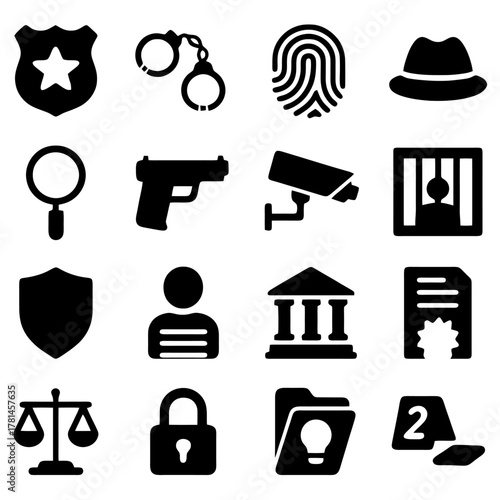 Law Enforcement Collection: A set of iconic symbols representing law enforcement and justice, illustrating themes of crime, investigation, and legal processes.