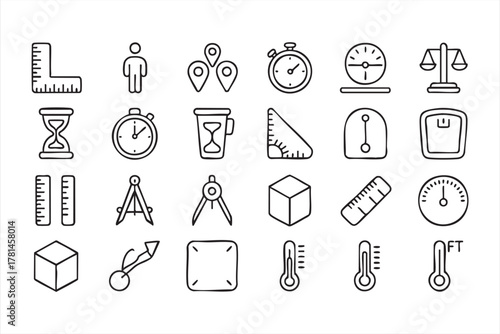 Measurement and science line icon set with rulers, timers, and scales vector design