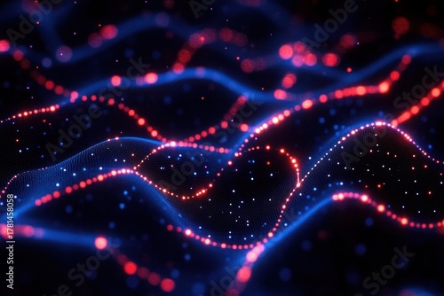 Glowing red and blue digital wave patterns creating a flowing futuristic abstract grid with floating particles and smooth curves