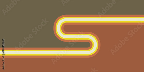 A retro-style abstract graphic featuring a glowing, S-shaped line with yellow and orange stripes on a two-tone brown background.