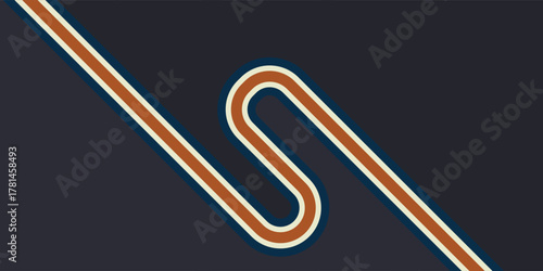 A minimalist graphic of a winding orange and cream line forming an S-shape on a dark background.