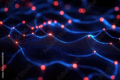 Abstract digital network with glowing blue wave patterns connected by bright red nodes creating a futuristic technology visualization