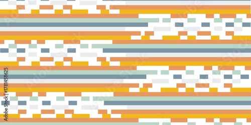 Abstract geometric seamless pattern with horizontal stripes and pixelated glitch elements in a retro color palette.