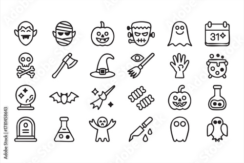 Halloween line icon set featuring pumpkins, witches, and spooky ghost designs