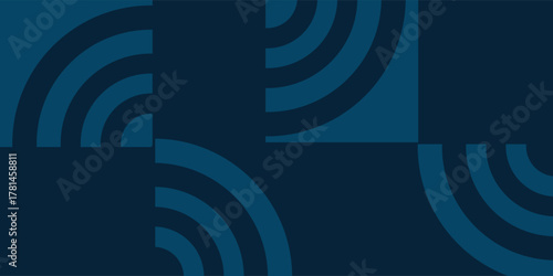Abstract background with a geometric pattern of dark blue squares and concentric arcs resembling signals.