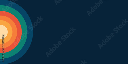 Minimalist abstract background featuring retro-colored concentric circles on a dark blue canvas with copy space.