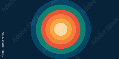 Minimalist geometric design featuring colorful concentric rings in a retro color palette on a dark blue background.