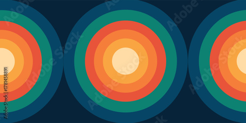 Abstract background with a repeating pattern of colorful concentric circles in a retro 1970s color palette.