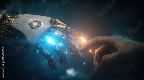Futuristic Robot Hand Touching Human Hand