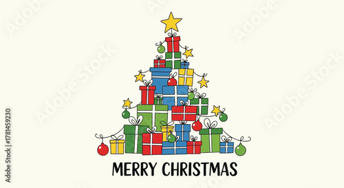 Whimsical christmas tree made of colorful gift boxes with stars and ornaments and merry christmas text