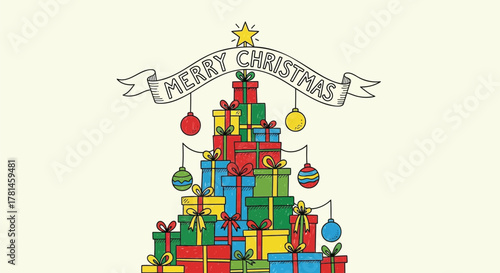 Hand drawn stack of colorful christmas presents forming a tree shape with ornaments and a festive banner