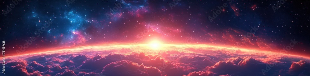 Naklejka premium Vibrant cosmic sunrise over a curvature of a planet with glowing clouds and a starry galaxy background creating a sense of awe and vastness
