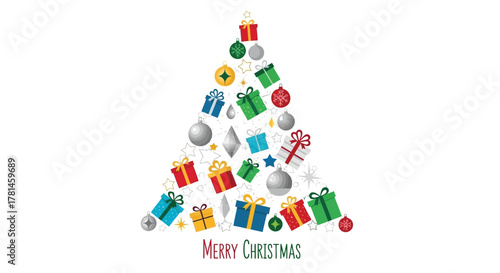Festive christmas tree shape formed by colorful gift boxes ornaments and stars with merry christmas text