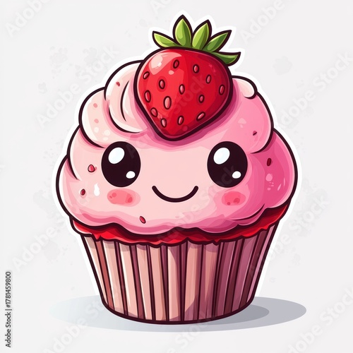 Wallpaper Mural cute smiling cupcake with pink frosting and a fresh strawberry on top with big shiny eyes and rosy cheeks Torontodigital.ca