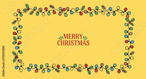 Festive merry christmas greeting with a colorful string of lights border and holly on a yellow background